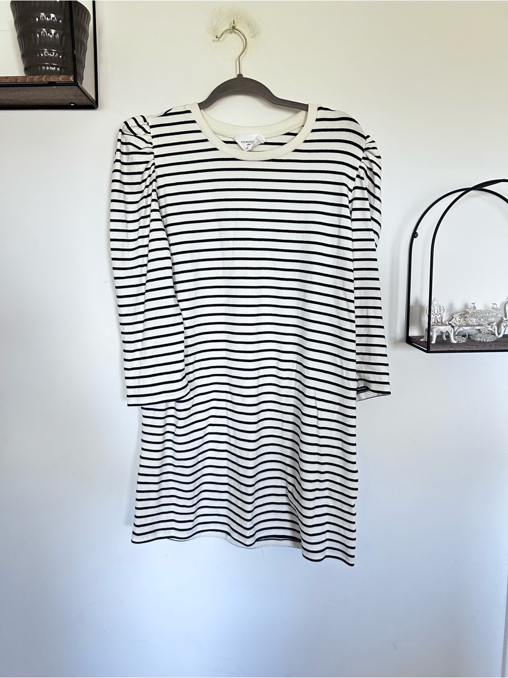 Pomander Place Navy White Striped Crewneck Puff Shoulder 3/4 Sleeve Mini Dress